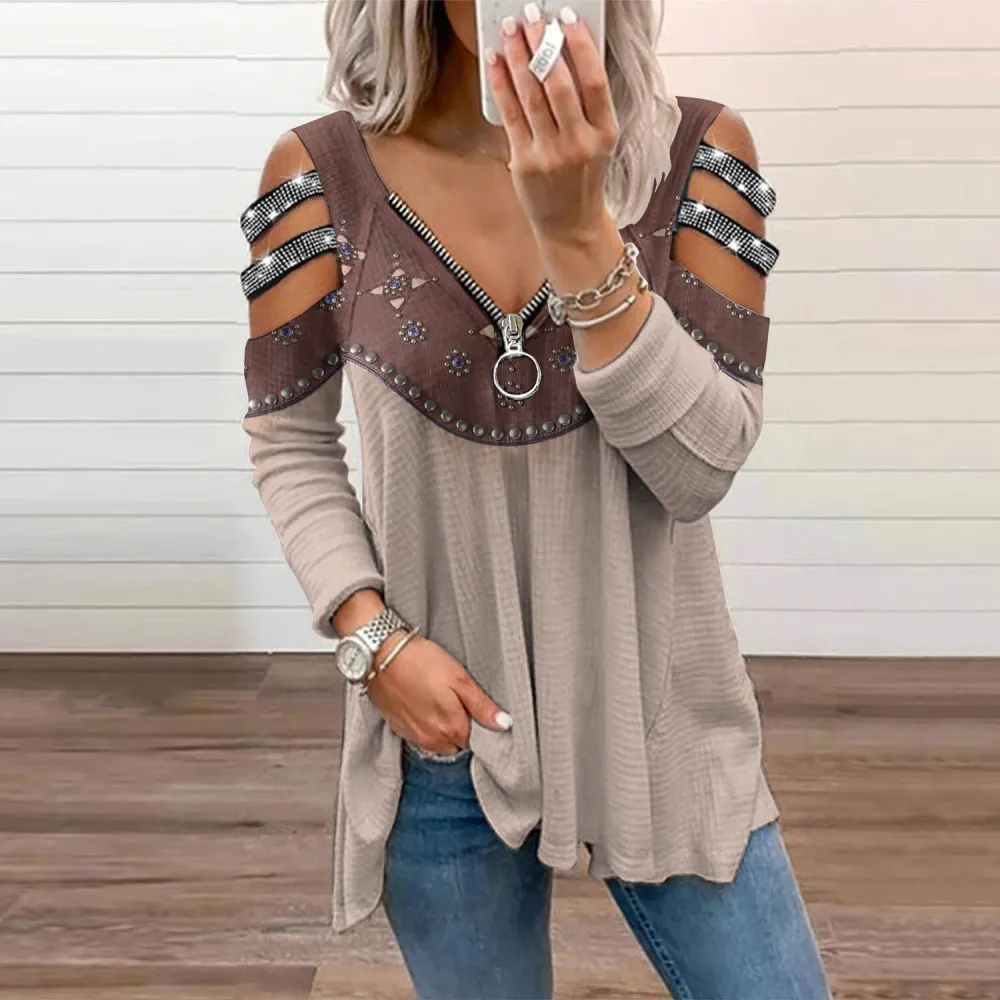 Women's Western Style Studded Contrast Hollow T-Shirt