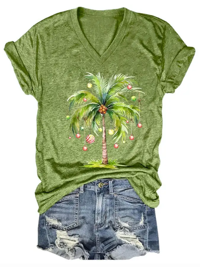 Women's Casual Christmas Palm Tree Printed Short Sleeve T-Shirt