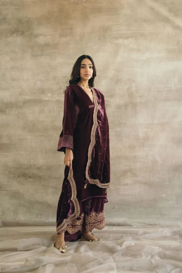 Wine Asymmetrical Silk Velvet Kurta Set