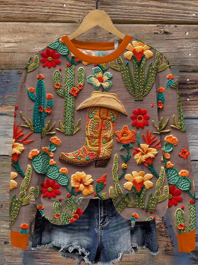 Vintage Western Embroidery Boots and Floral Art Printed Casual Sweatshirt