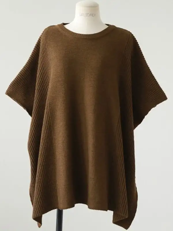 Casual Solid Color Round-Neck Half Sleeves Knitted Sweater Cape Top