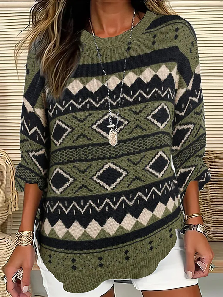 Casual Southwest Totem Pattern Women'S Crew Neck Sweater