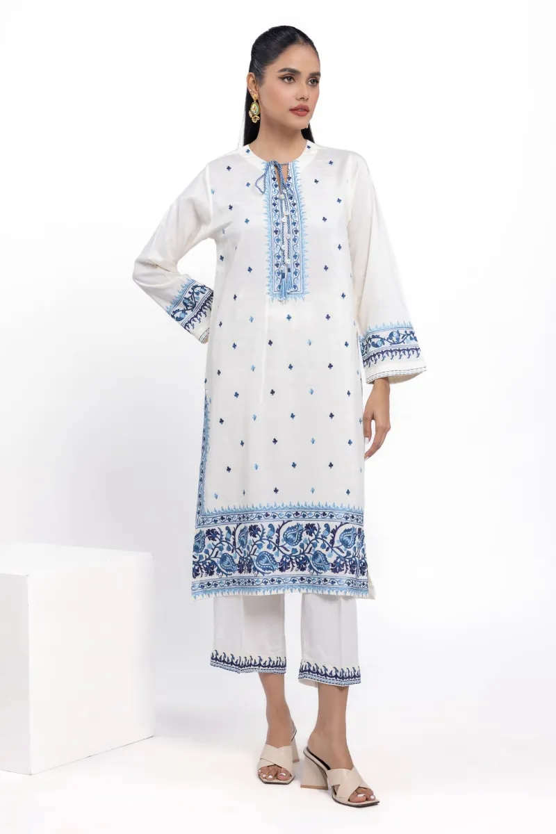 2 Piece Kurta | Embroidered & Pants | White and blue