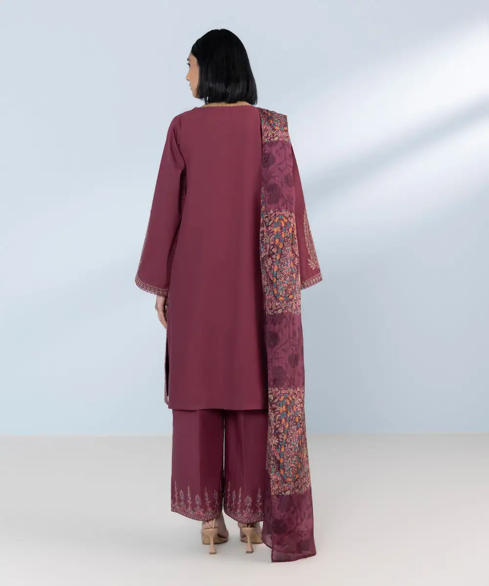 3 Piece - Embroidered Cotton Satin Suit