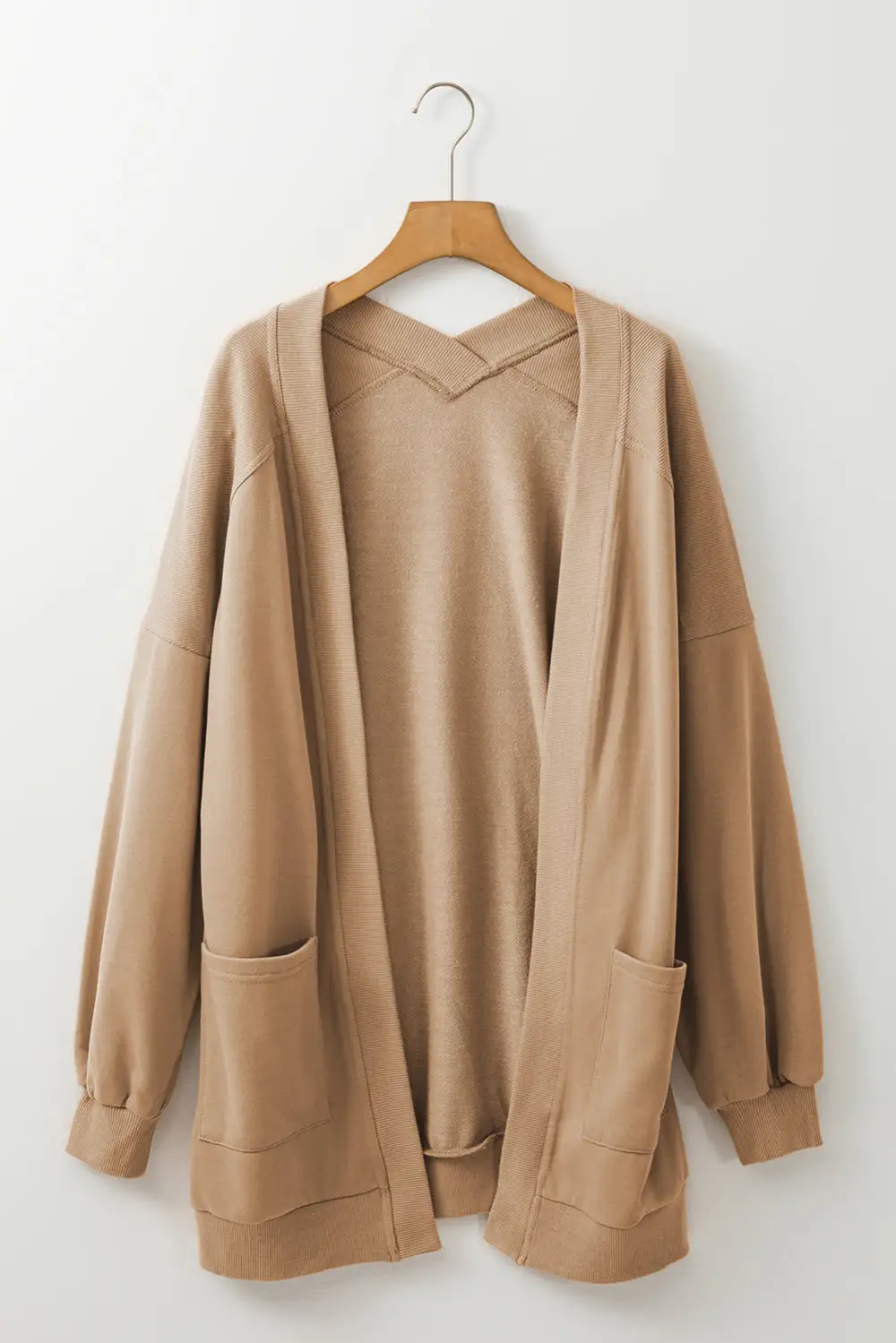 Light French Beige Ribbed Edge Exposed Seam Knit Cardigan with Pockets