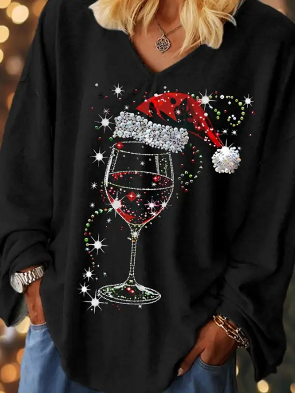 Women's Shiny Christmas Red Wine Glass Print Casual Long-Sleeve Top