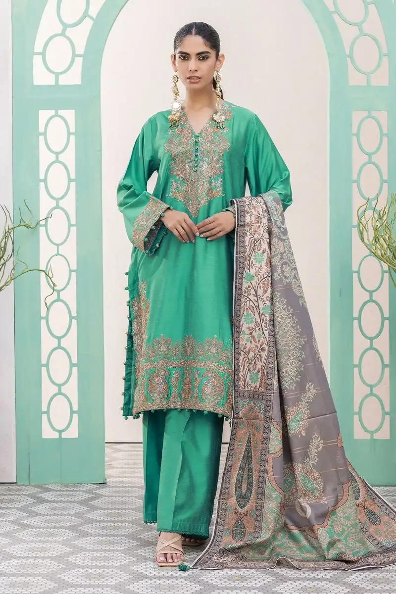 3 Piece Kurta Embroidered | Dupatta& Bottom & Tops | Color green