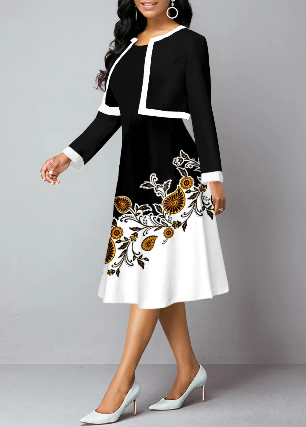 Long Sleeve Black Cardigan and Paisley Print Dress