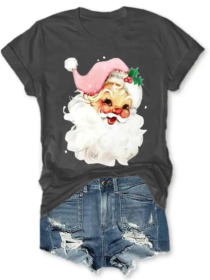 Christmas Retro Pink Santa Print T-Shirt