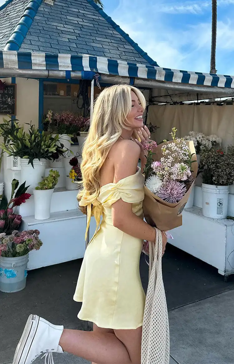 Primrose Yellow Satin Off the Shoulder Mini Dress