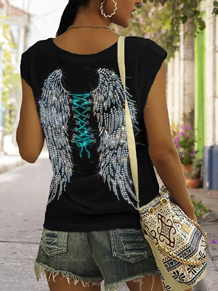 Lace Down Wings Glitter Art V Neck Tank Top