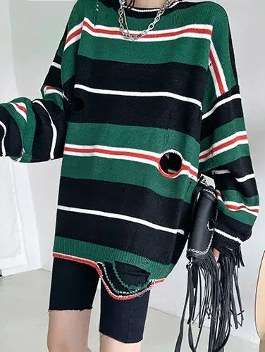 Original Stylish Loose Striped Hole Round-Neck Long Sleeves Knitted Sweater Tops