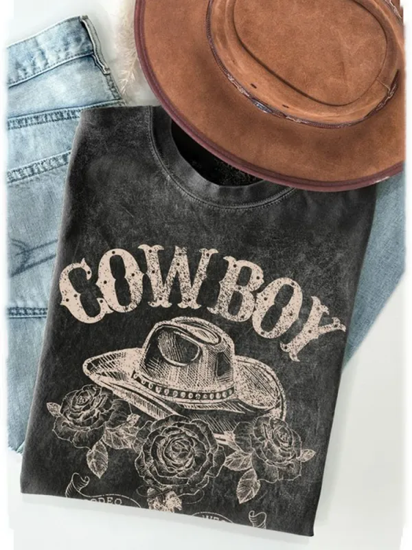 Western Cowboy Hat Print Washed Cotton T-Shirt