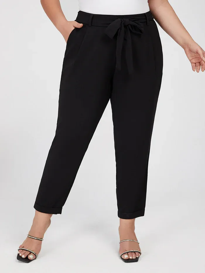 Plus Black Solid Tie Elastic Waist Pants