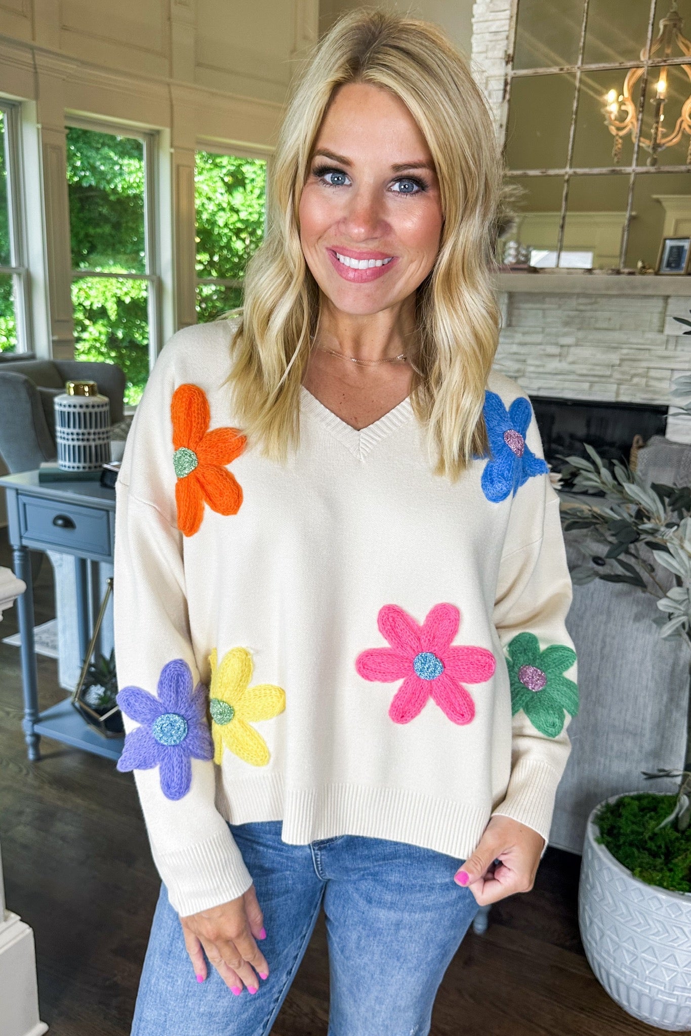 Bright Knit Flower V Neck Oatmeal Viscose Sweater