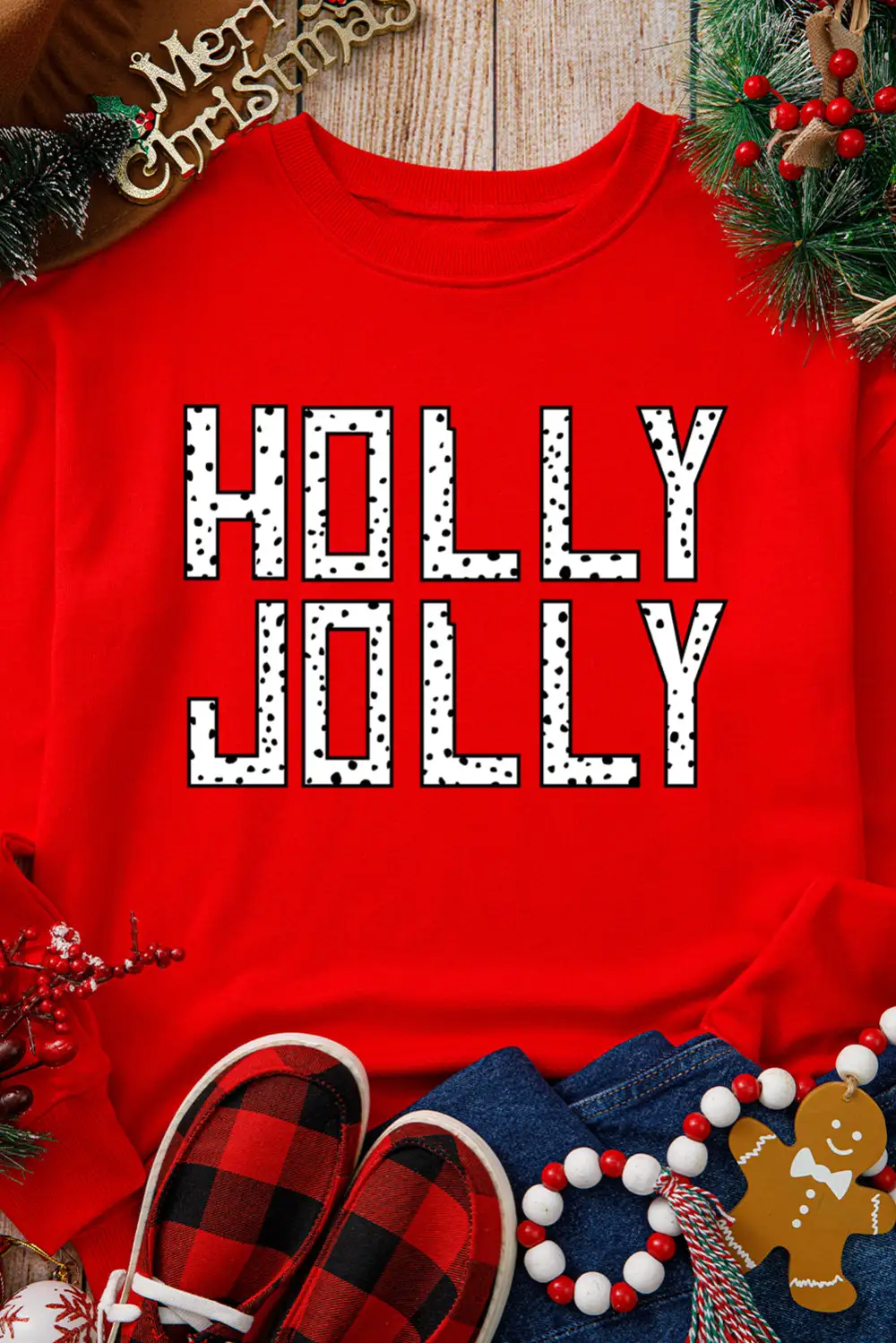 Red HOLLY JOLLY Dotty Letter Graphic Christmas Sweatshirt