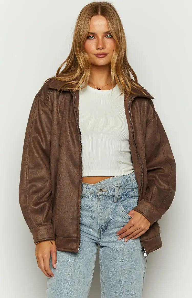 Abbi Brown Faux Suede Bomber Jacket