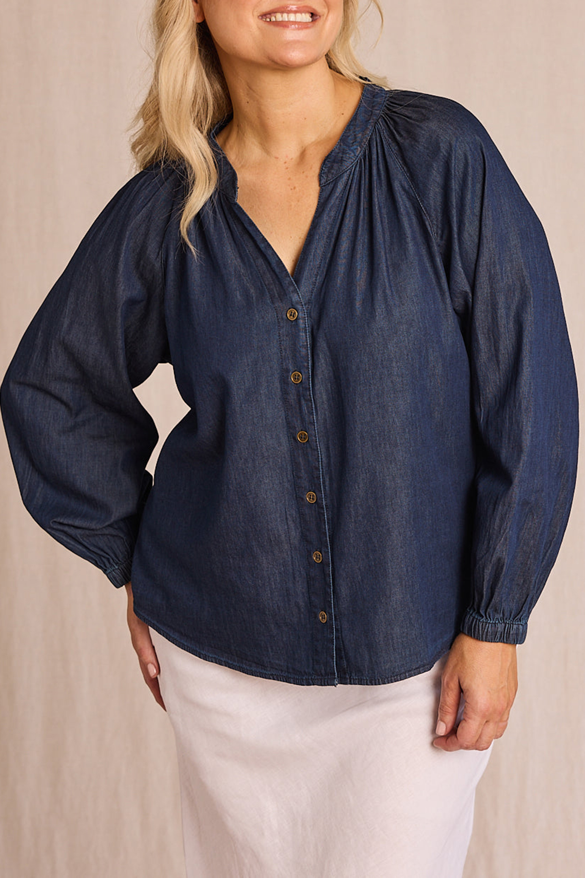 Kitty Chambray Top In Dark Wash