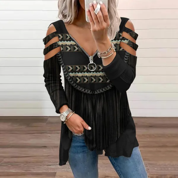 Women's Vintage Tribal Tassels Hollow Out Casual T-Shirt