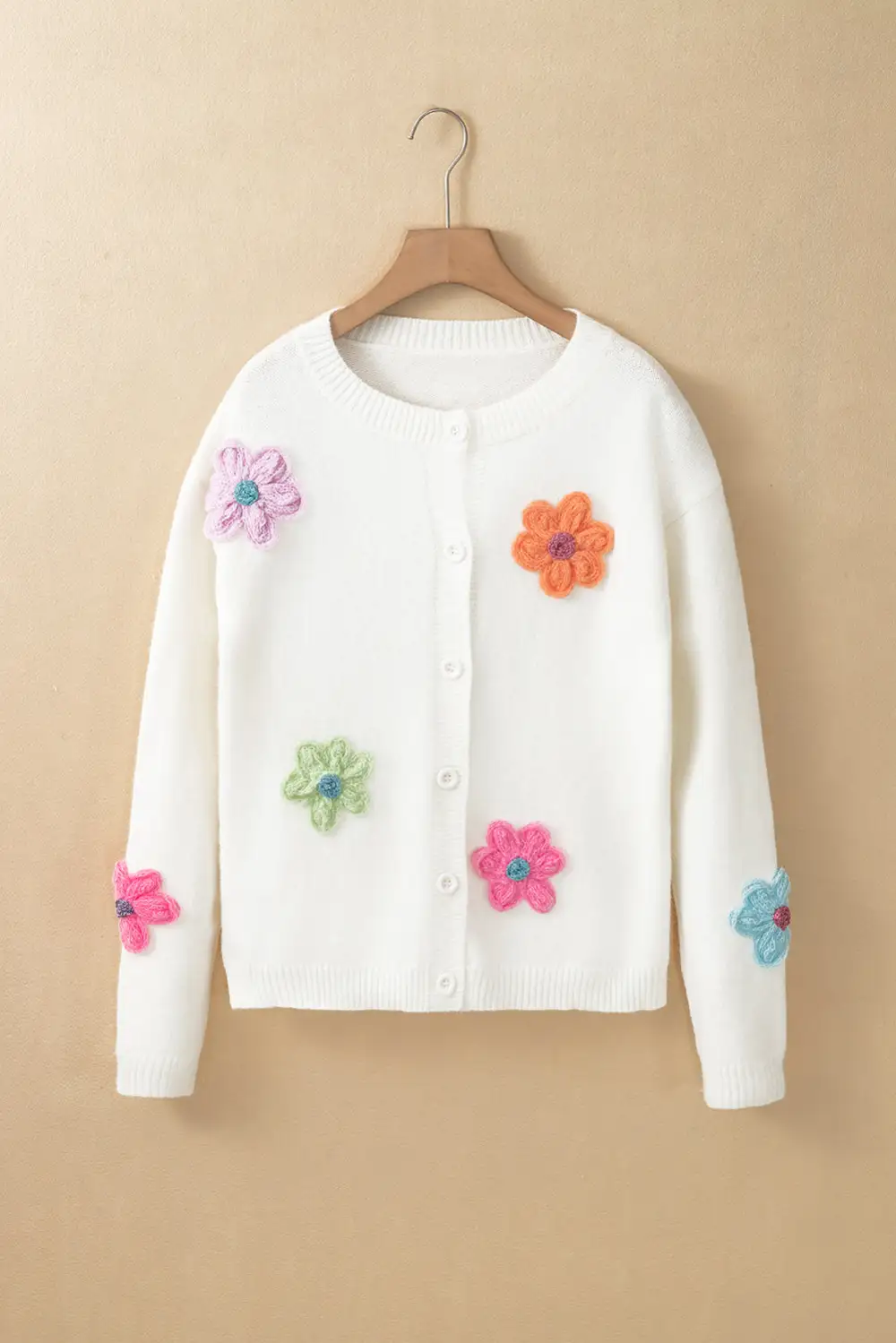 White Cute Knitted Floral Pattern Button Up Cardigan