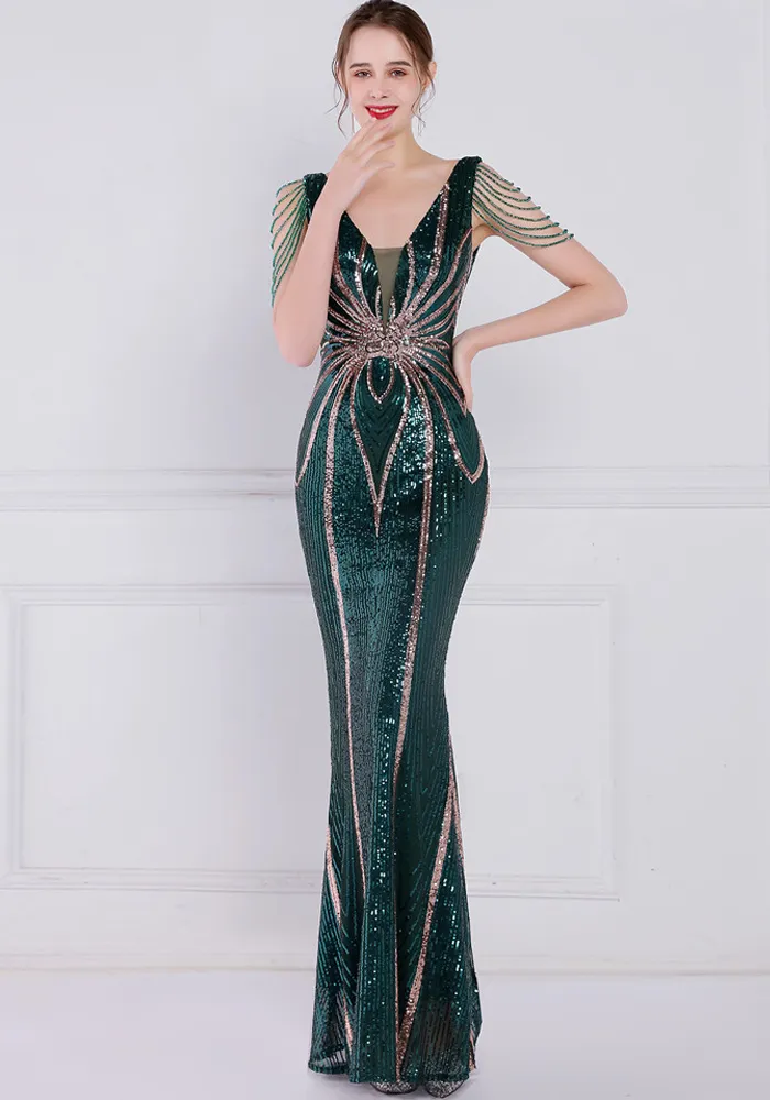 Women Summer Green Romantic V-neck Short Sleeves Sequined Mermaid Fringed Evening Dress