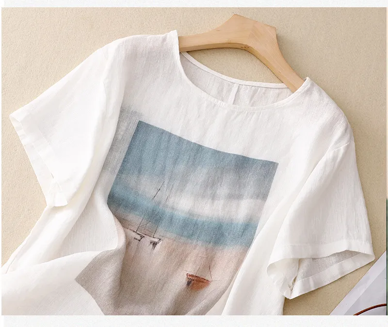 Vintage print cotton and linen T-shirt