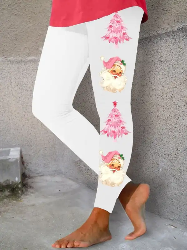 Women's Pink   Tree & Santa Fun Print Print Leggings