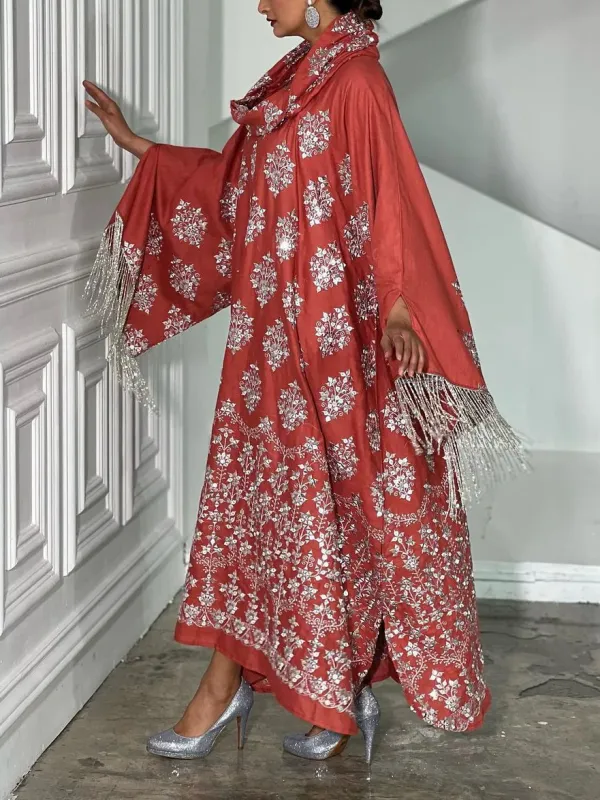 Folding Neck Tassel Sleeve Folk Pattern Dress