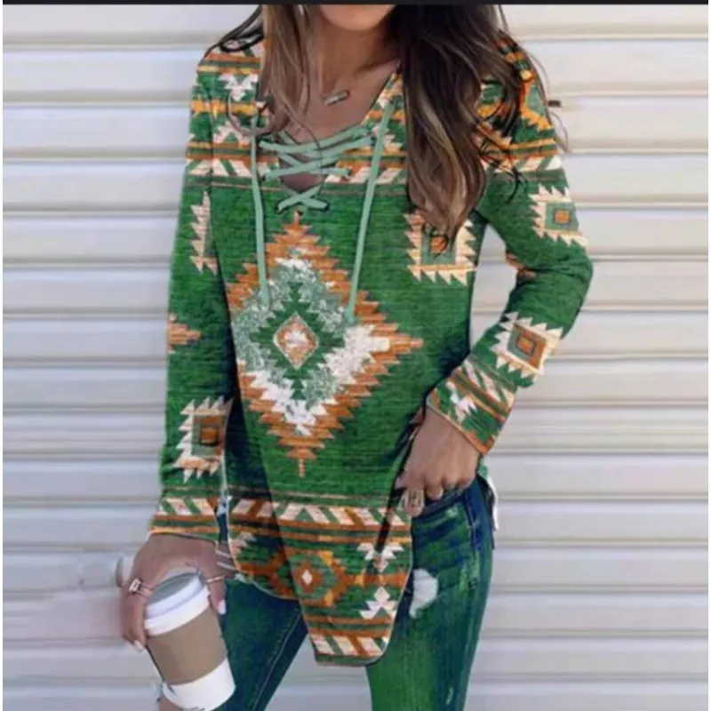 Vintage Western Print Tie Up Long Sleeve Sweatshirt