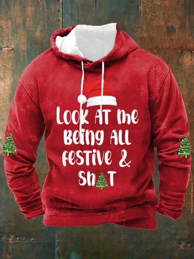 Men's Funny Christmas Look At Me Being All Festive And Shit Christmas Tree Print Casual Hoodie