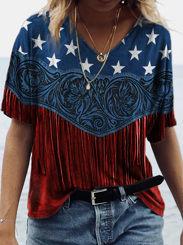 American Flag Inspired Floral Embossed Tassels T Shirt