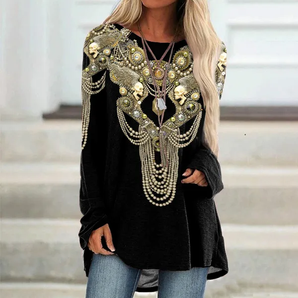 Western Print Crew Neck Casual Tunic