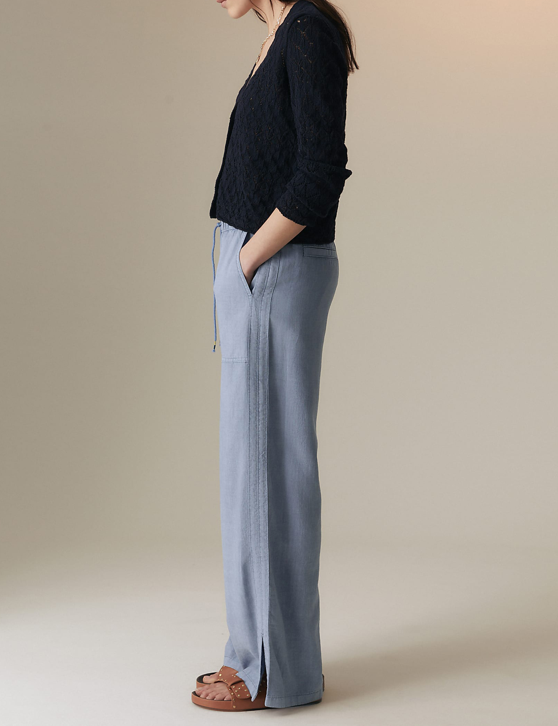 Linen Blend Elasticated Waist Drawstring Trousers