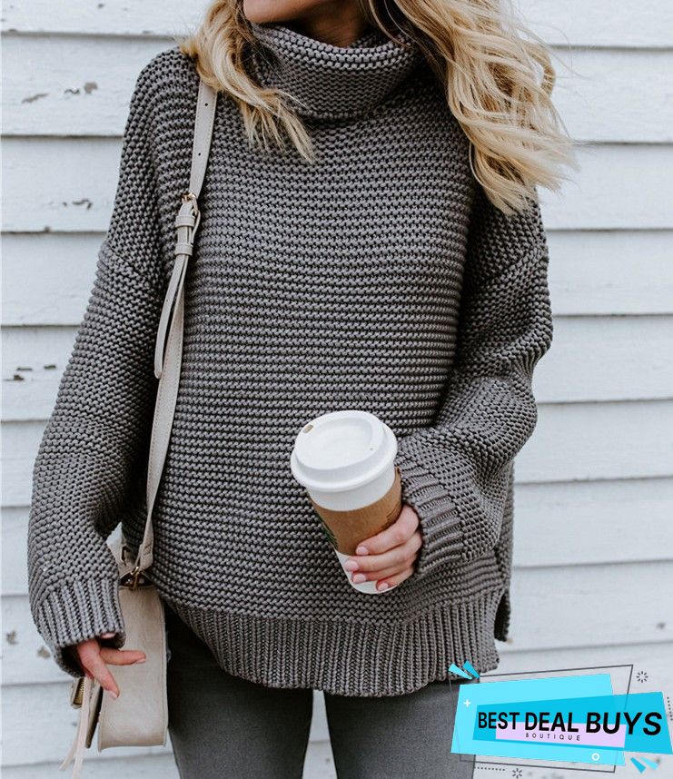 High-Neck Long Sleeves Knitting Sweater Tops