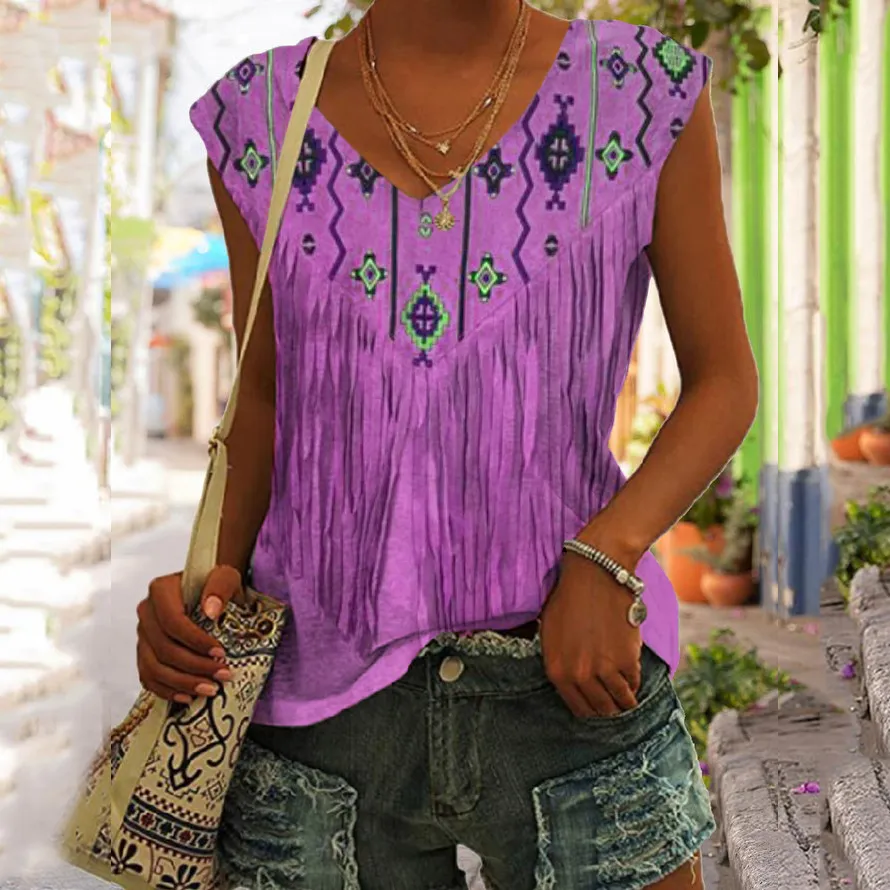 Vintage Western Fringe Print V-Neck Tank Top