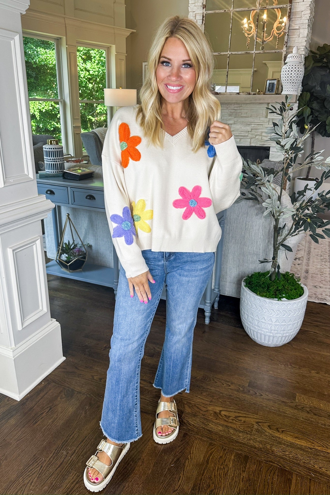 Bright Knit Flower V Neck Oatmeal Viscose Sweater