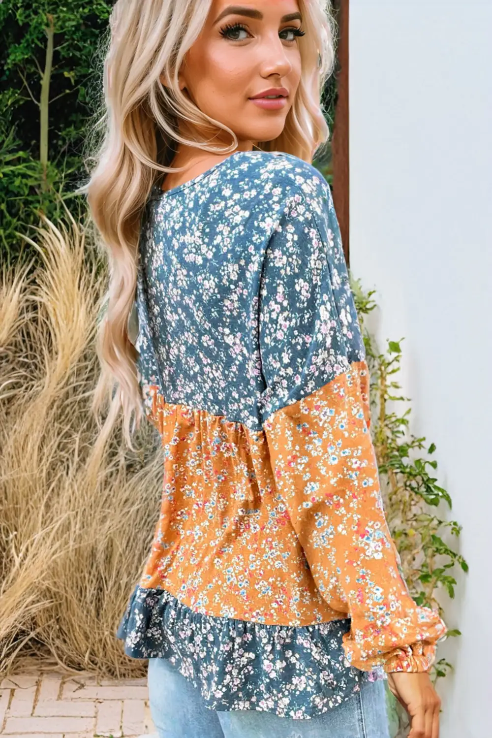 Orange Ditsy Floral Color Block Ruffle Hem Long Sleeve Top