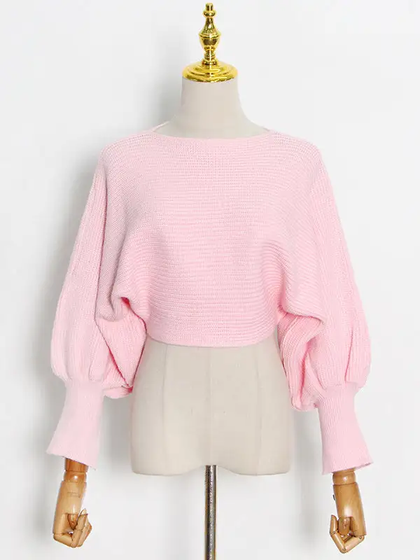 Casual Solid Color Round-Neck Bishop Sleeve Sweater Tops