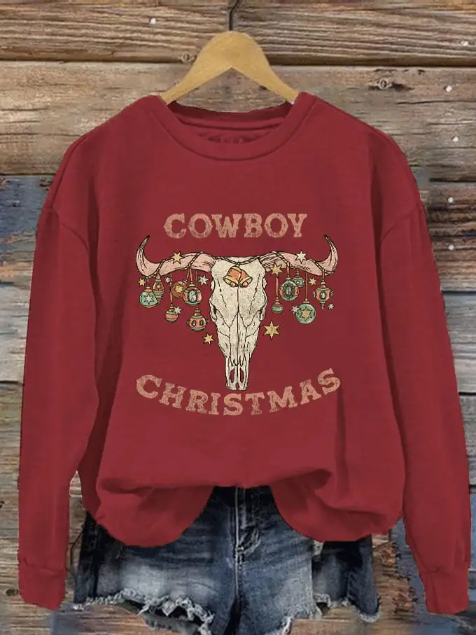 Women's Cowboy Christmas Bull Head Printed Sweatshirt