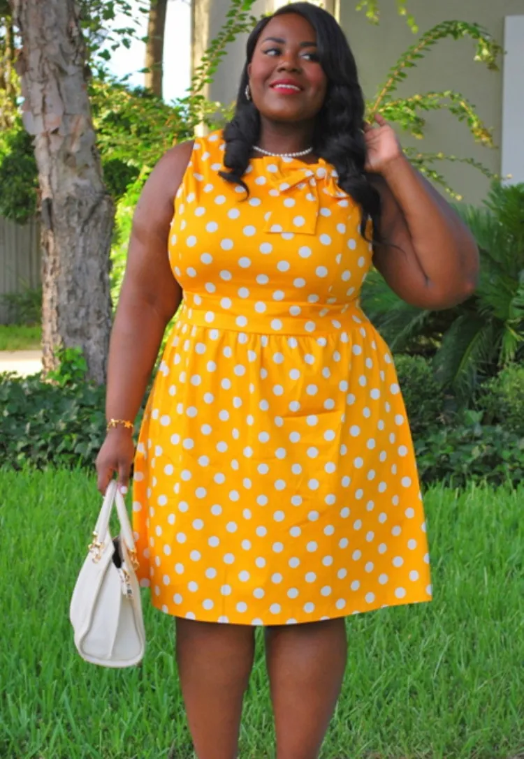 Women Summer Yellow Sweet O-Neck Sleeveless Dot Print Midi A-line Plus Size Casual Dress