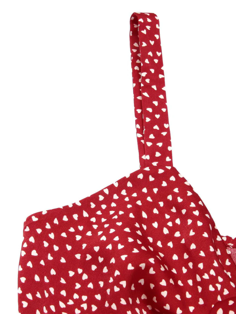 RED 1950S SPAGHETTI STRAP HEART PRINT DRESS