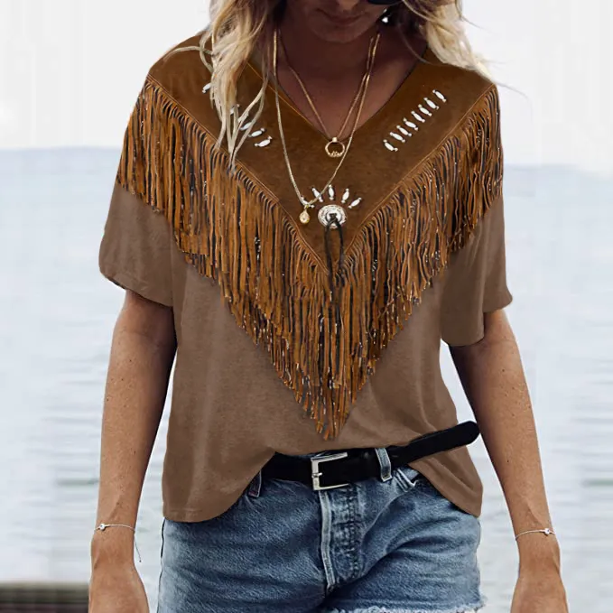 Vintage Western Fringe Print V-Neck Short Sleeve T-Shirt