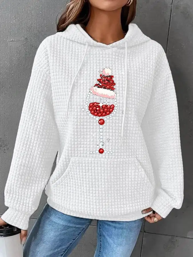 Women's Shiny Christmas Hat Red Wine Glass Casual Waffle Hoodie