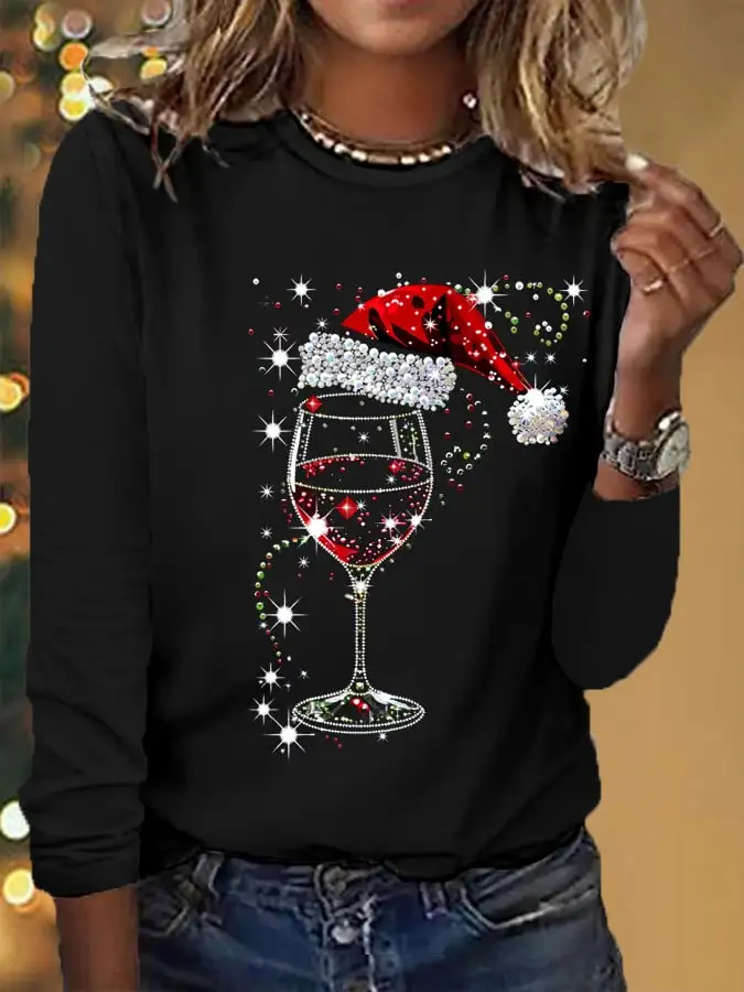 Women's Shiny Christmas Red Wine Glass Print Casual Long-Sleeve T-Shirt