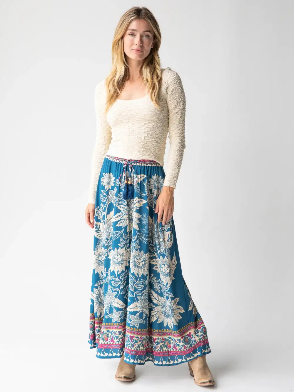 Milena Maxi Skirt - Blue Pink Border