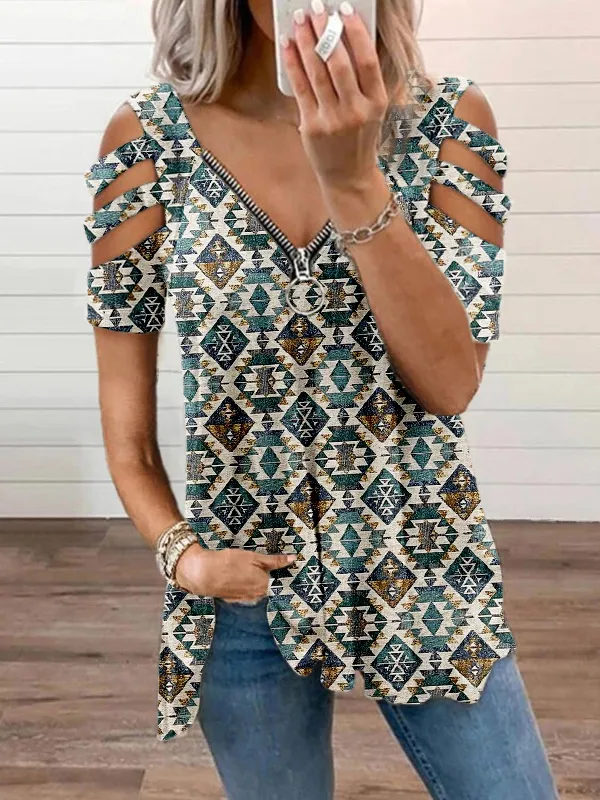 Vintage Western Aztec Pattern Hollow Shoulder T Shirt