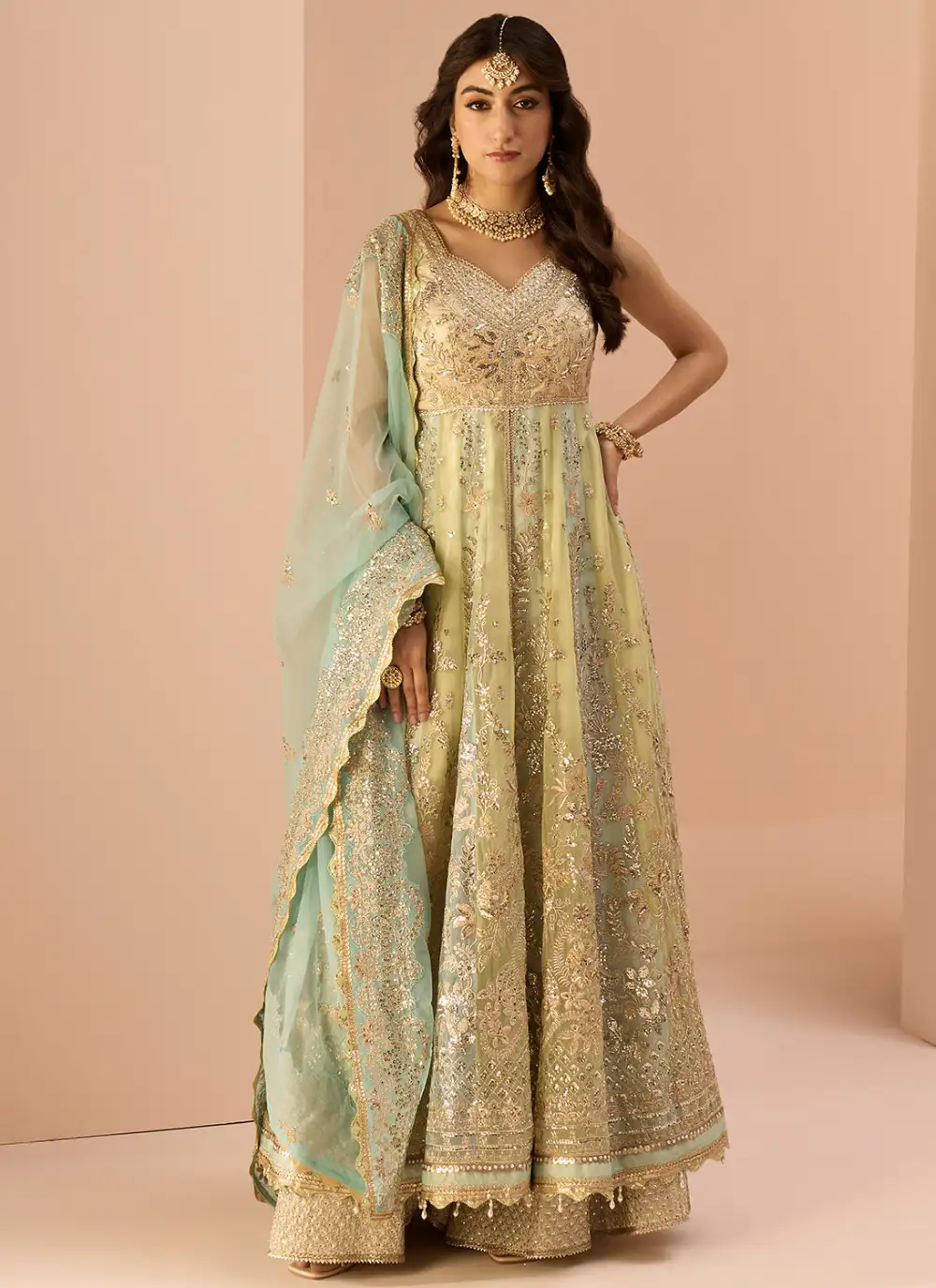 Green and Light Blue Embroidered Anarkali Style Sharara