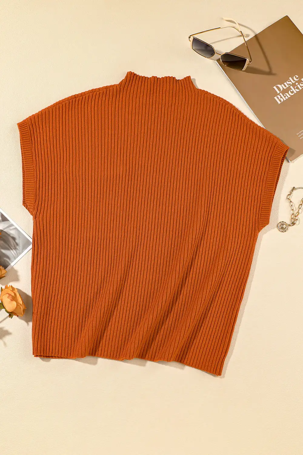 Patch Pocket Ribbed Knit Short Sleeve Sweater