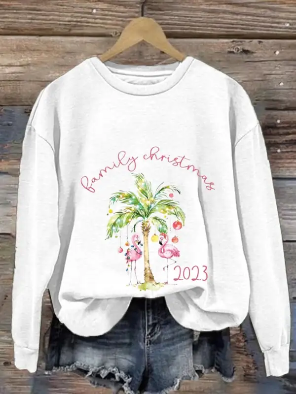 Women's Merry Christmas Palm Flamingo Print Casual Sweatshirt