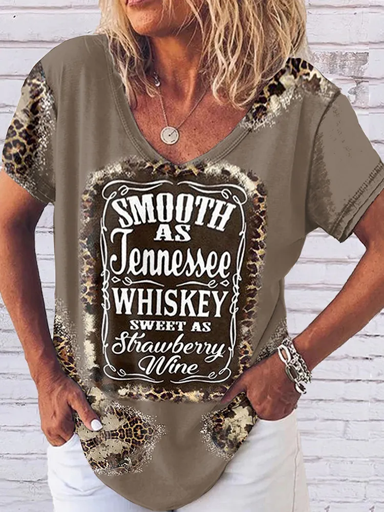 Western Print V Neck Short Sleeve Casual T-Shirt